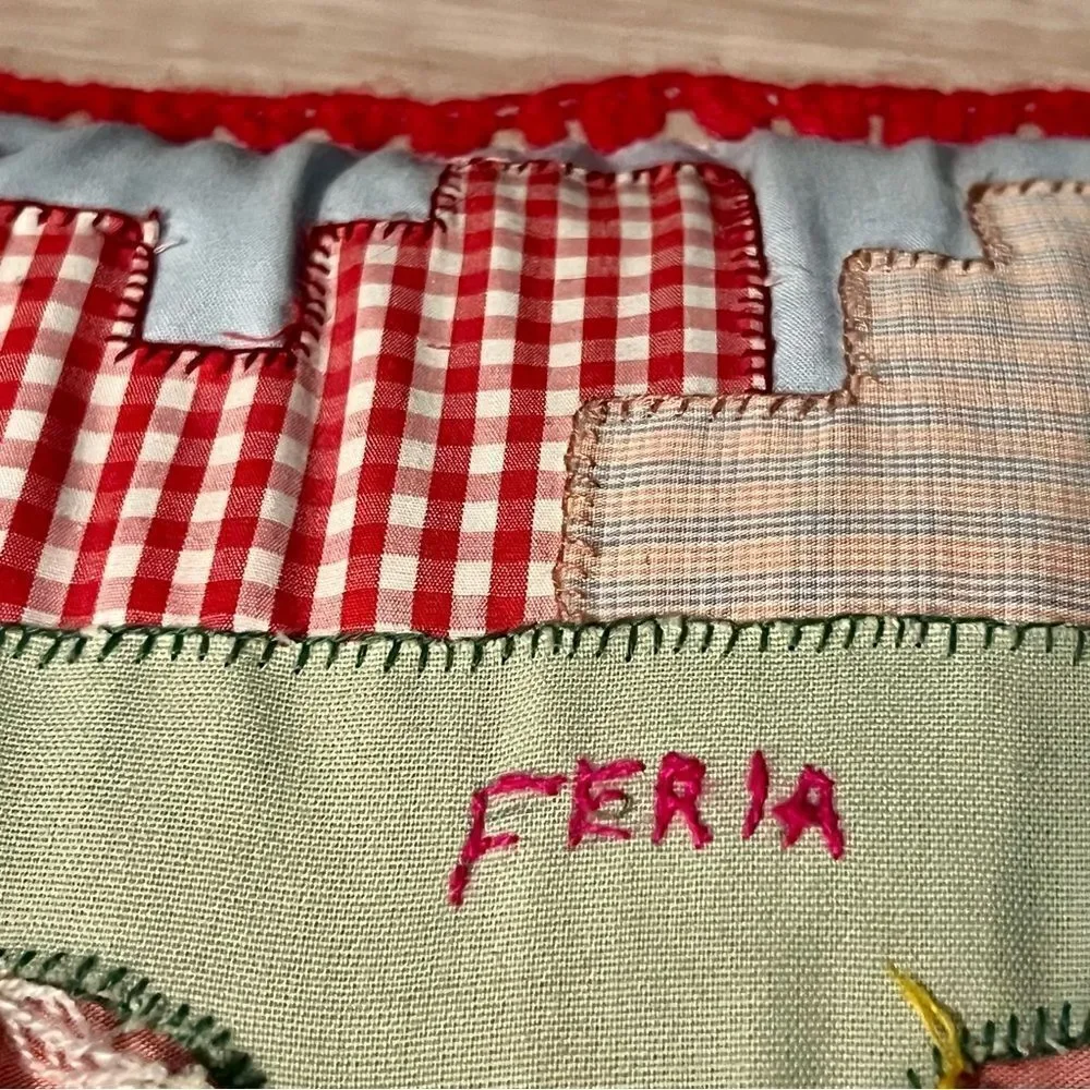 Vintage Peruvian Arpillera Feria 3D Folk Art Handmade Tapestry Pillow Crochet